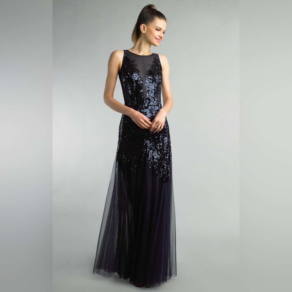 Saks Basix Black Label Navy Blue Sequin Sleeveless Evening Dress (Size 6)